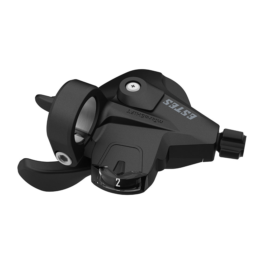MicroSHIFT Estes thumb tap shifter for Shimano double front derailleurs on mountain bikes, showing ergonomic thumb lever and gear indicator.