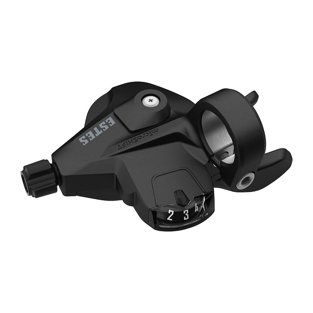 MicroSHIFT Estes right hand thumb tap shifter for 7-9 speed Shimano mountain bike components, showing the shifter mechanism and brand logo.