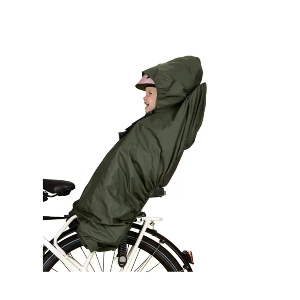 Hamax child rain poncho in bright yellow for bike seats, featuring smiley face design, suitable for Kiss, Smiley, Sleepy, Siesta Plus models