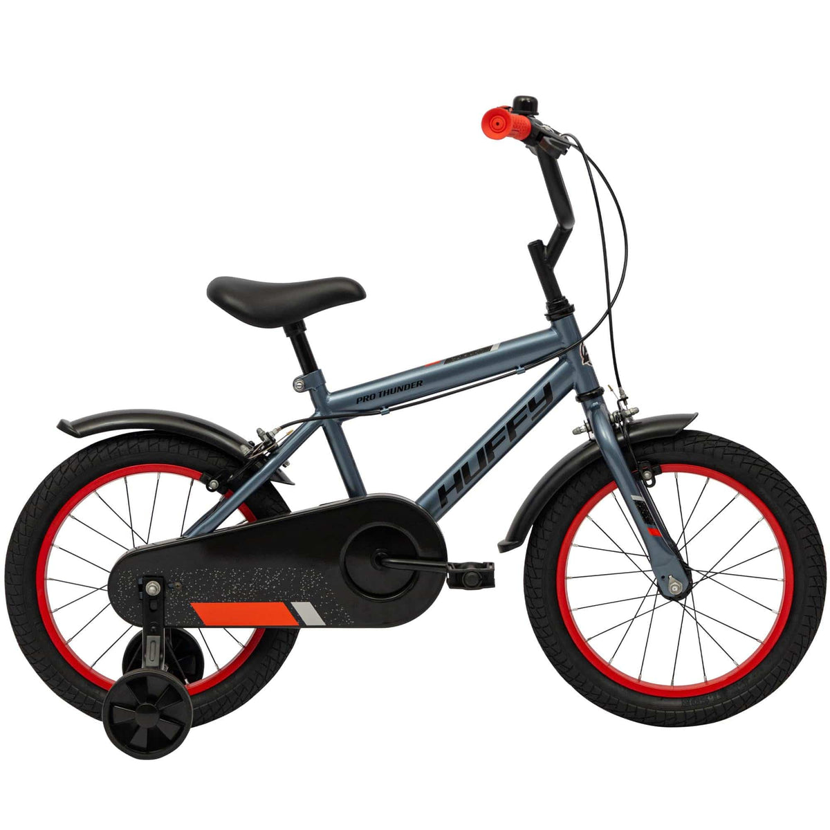 Huffy Pro Thunder 16-inch kids' bike with training wheels and safety features, ideal for beginner riders, shown with colorful design