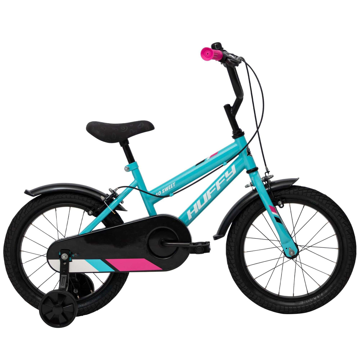 Huffy So Sweet 16-inch kids bike with stabilizers and caliper brakes, ideal for beginner riders, shown in a bright pink color.