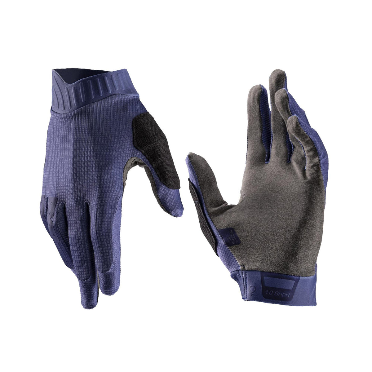 Leatt 1.0 GripR Women's MTB gloves with MicronGrip palm and touchscreen compatibility, shown in black with padded design.