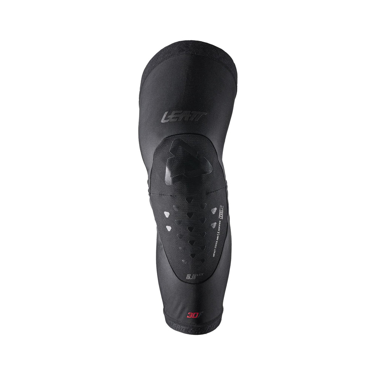 Leatt Evo 6.0 Lite knee protection CE Level 2 impact guards in black, designed for motorcycle riding safety.