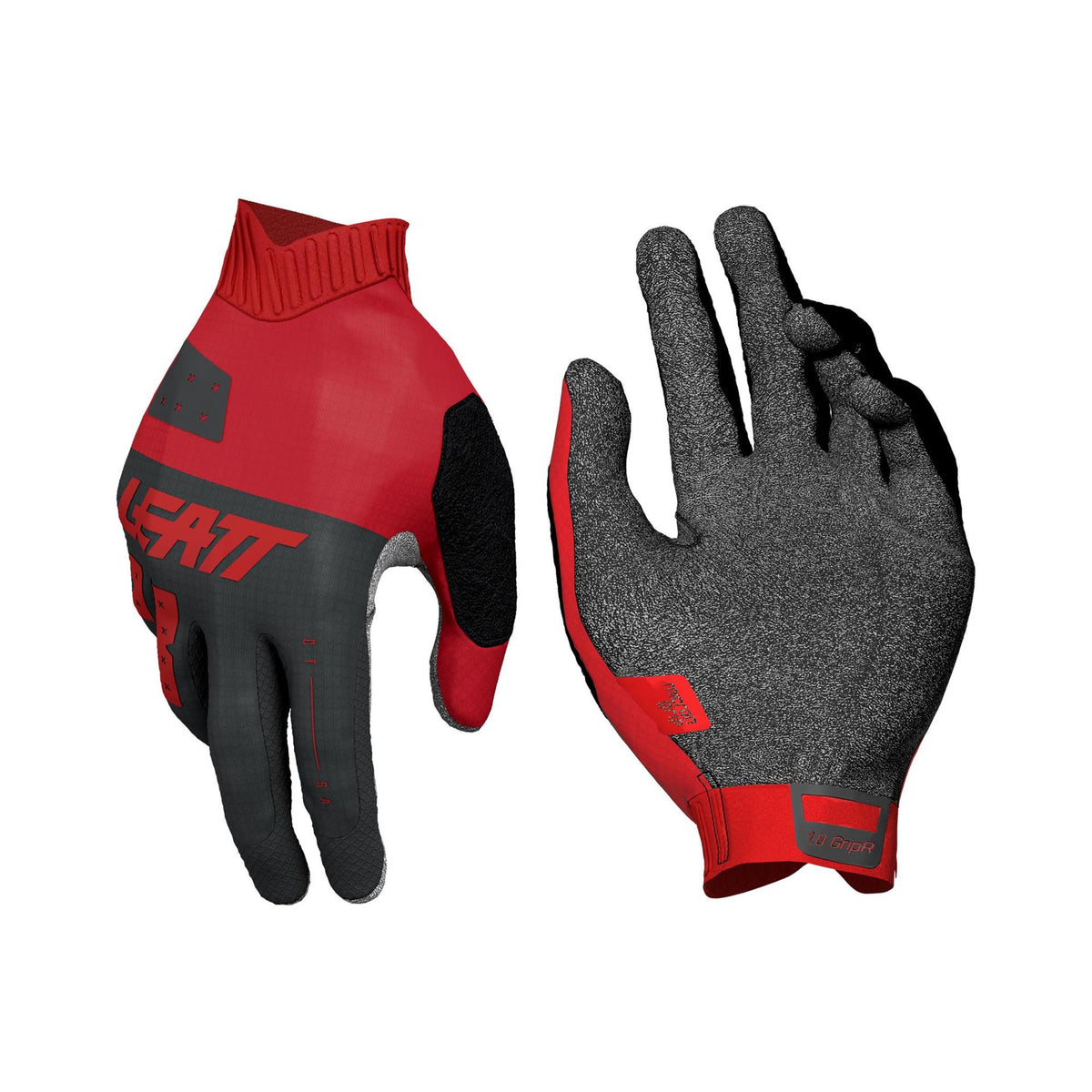 Leatt GripR MTB Jr glove showing breathable fabric and touchscreen-compatible fingertips for kids' mountain biking.