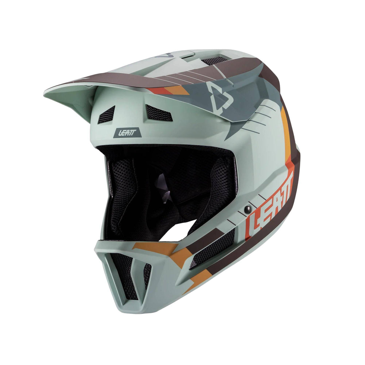 Leatt Gravity 2.0 full-face MTB helmet with 360° Turbine Technology, black and gray design, adjustable straps, and ventilation features.