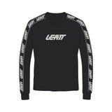Leatt long sleeve tech T-shirt for MTB, breathable stretch-blended jersey, shown in black with sleek design and fitted style.