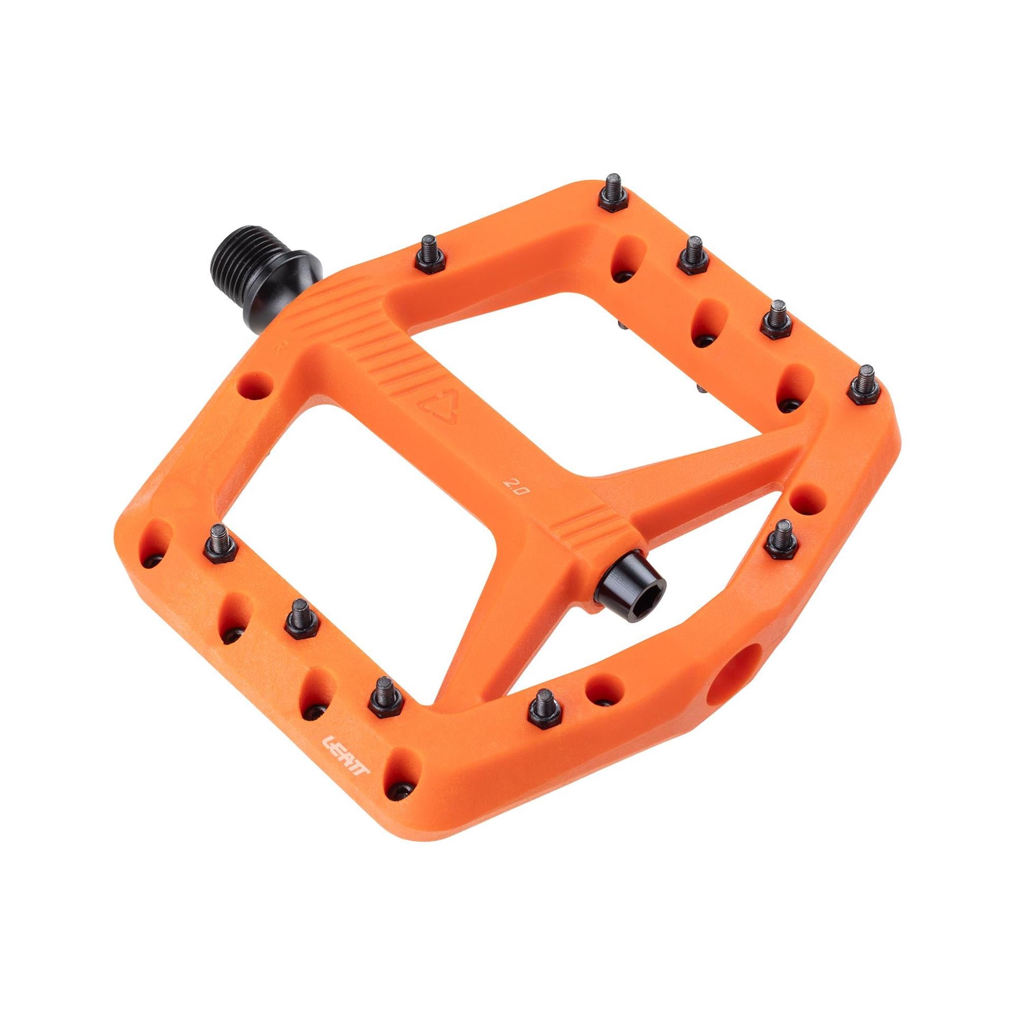 Leatt 2.0 AllMtn Composite Flat Pedals for mountain bike trail riding, featuring durable design and textured grip surface.