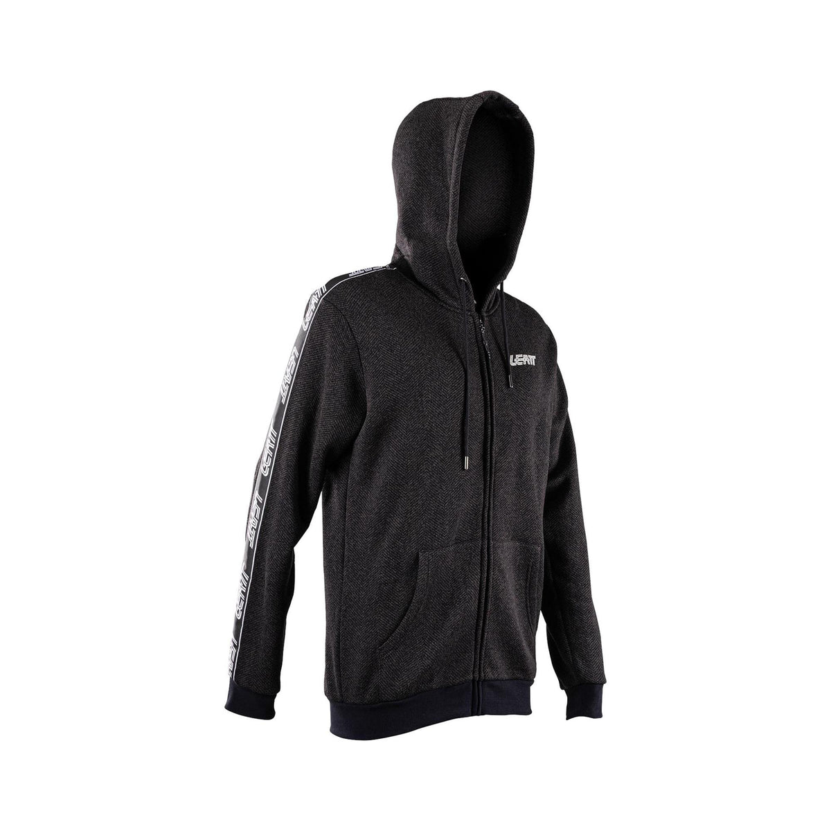 Leatt Zip Up Tech Hoodie 2026 in stretch fleece, casual and technical apparel, shown in a close-up of the navy blue hoodie.