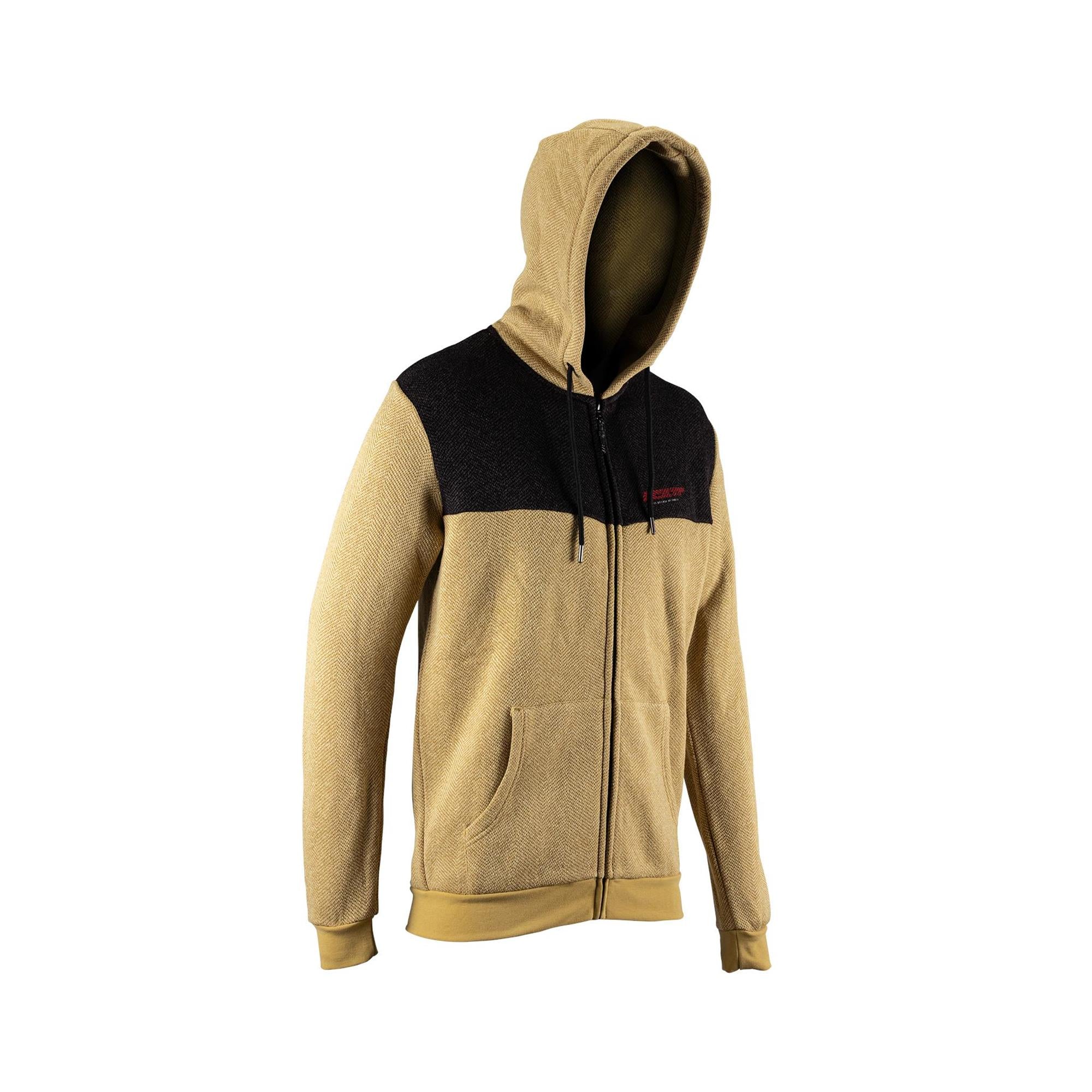 Leatt zip-up tech hoodie with 4-way stretch fabric and fibre-fleece backing, shown laid flat to display design and material texture.