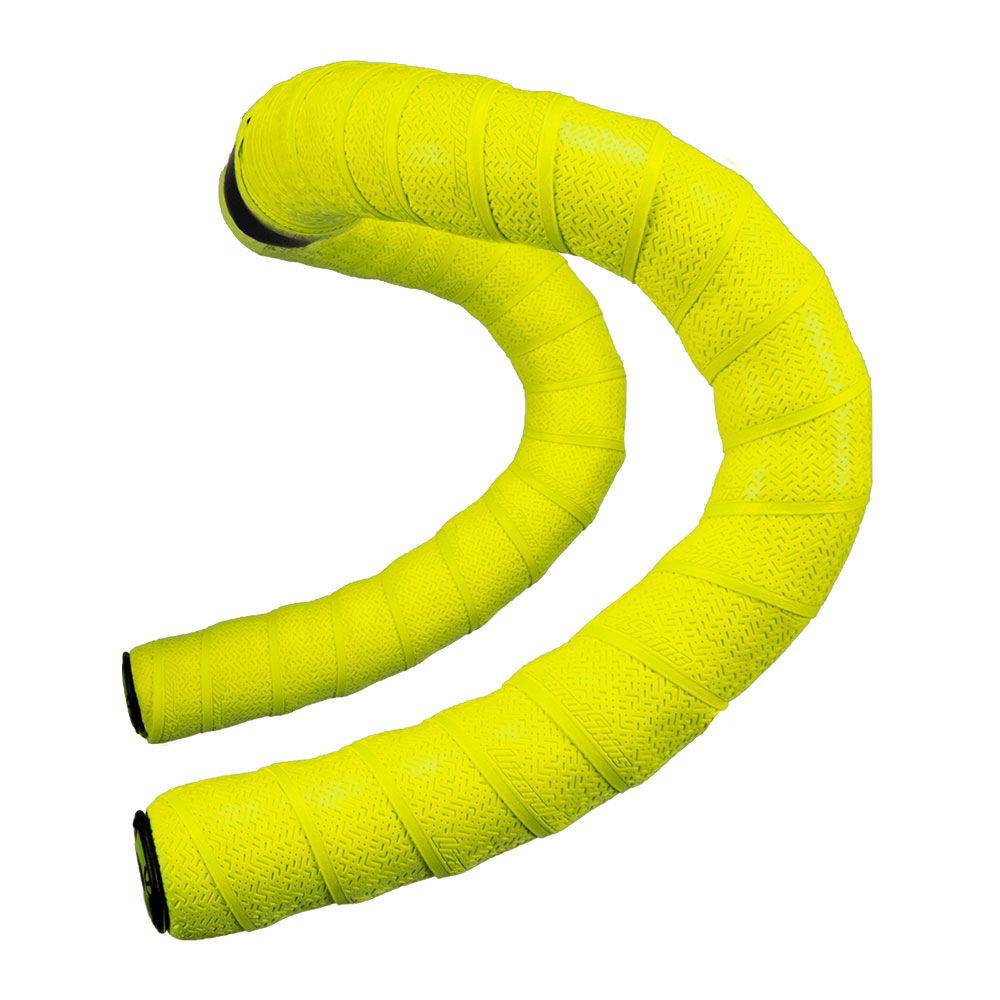 Lizard Skins DSP 3.2mm bar tape in neon yellow with screw-in plugs, designed for grip and comfort on bicycle handlebars.