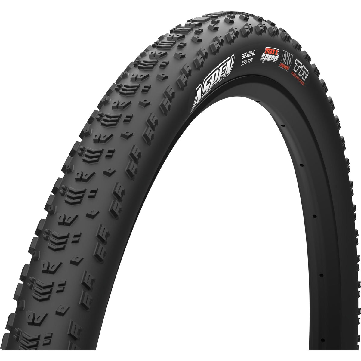 Maxxis Aspen 32x2.40 folding tubeless gravel tyre with 120 TPI, MaxxSpeed casing, and EXO protection for mountain biking.