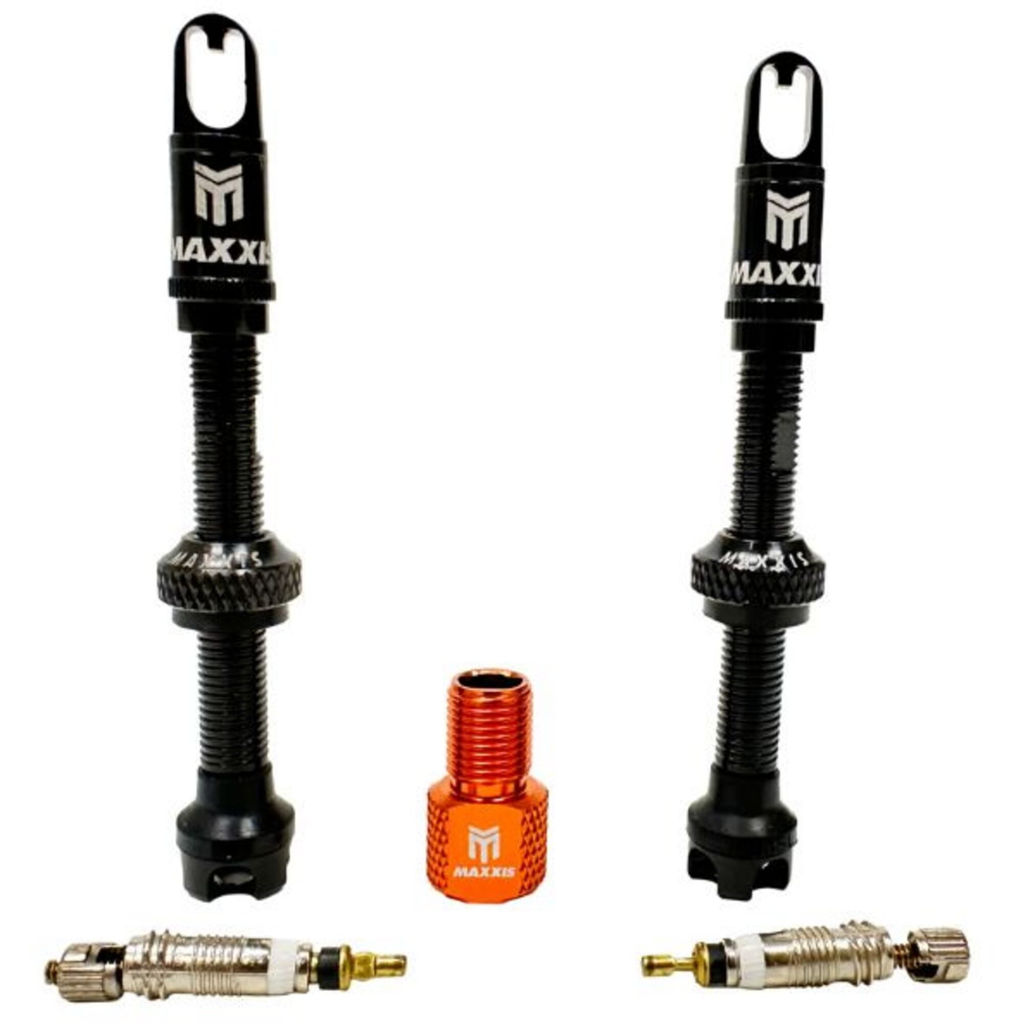 Maxxis MaxxOut tubeless valve kit with 50mm length, core remover, and adapter in black, for bicycle tubeless wheel setups.