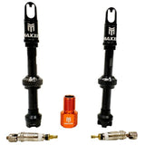 Maxxis MaxxOut tubeless valve kit with 50mm length, core remover, and adapter in black, for bicycle tubeless wheel setups.