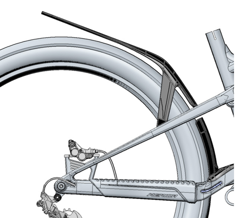 Merida long MTB bike mudguard with fixing hardware, compatible with carbon and aluminum frames, designed to protect from mud and water.