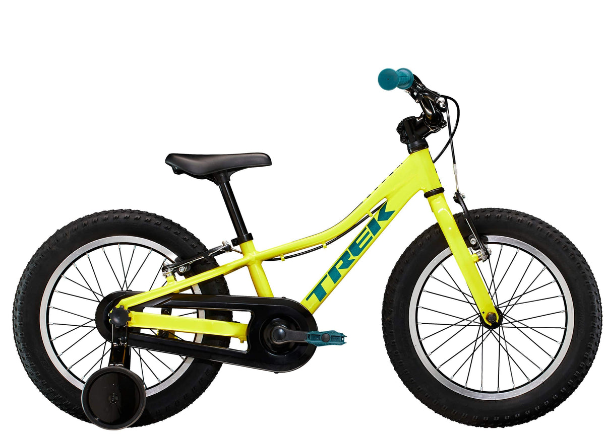 Trek Precaliber 16 kids' mountain bike with parent handle, lightweight frame, colorful design, suitable for beginner riders