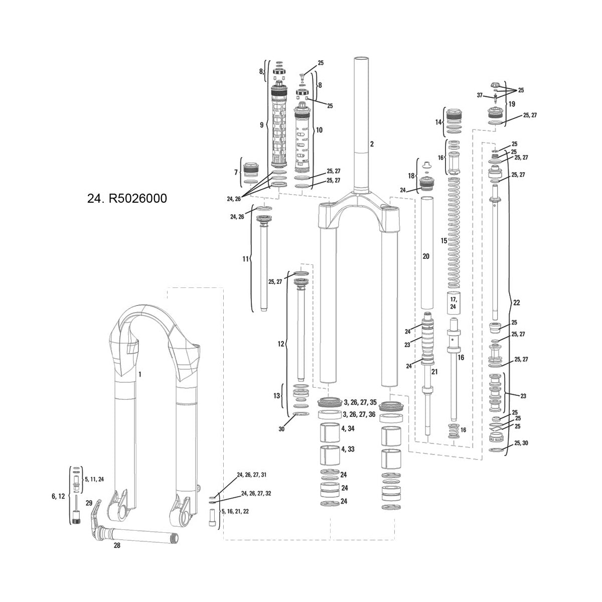 RockShox Spare - Front Suspension Service Service Kit - 2007-2010 Argyle (Solo Air and Coil), 2011 Argyle (Coil) - (Steel Upper Tubes Only)