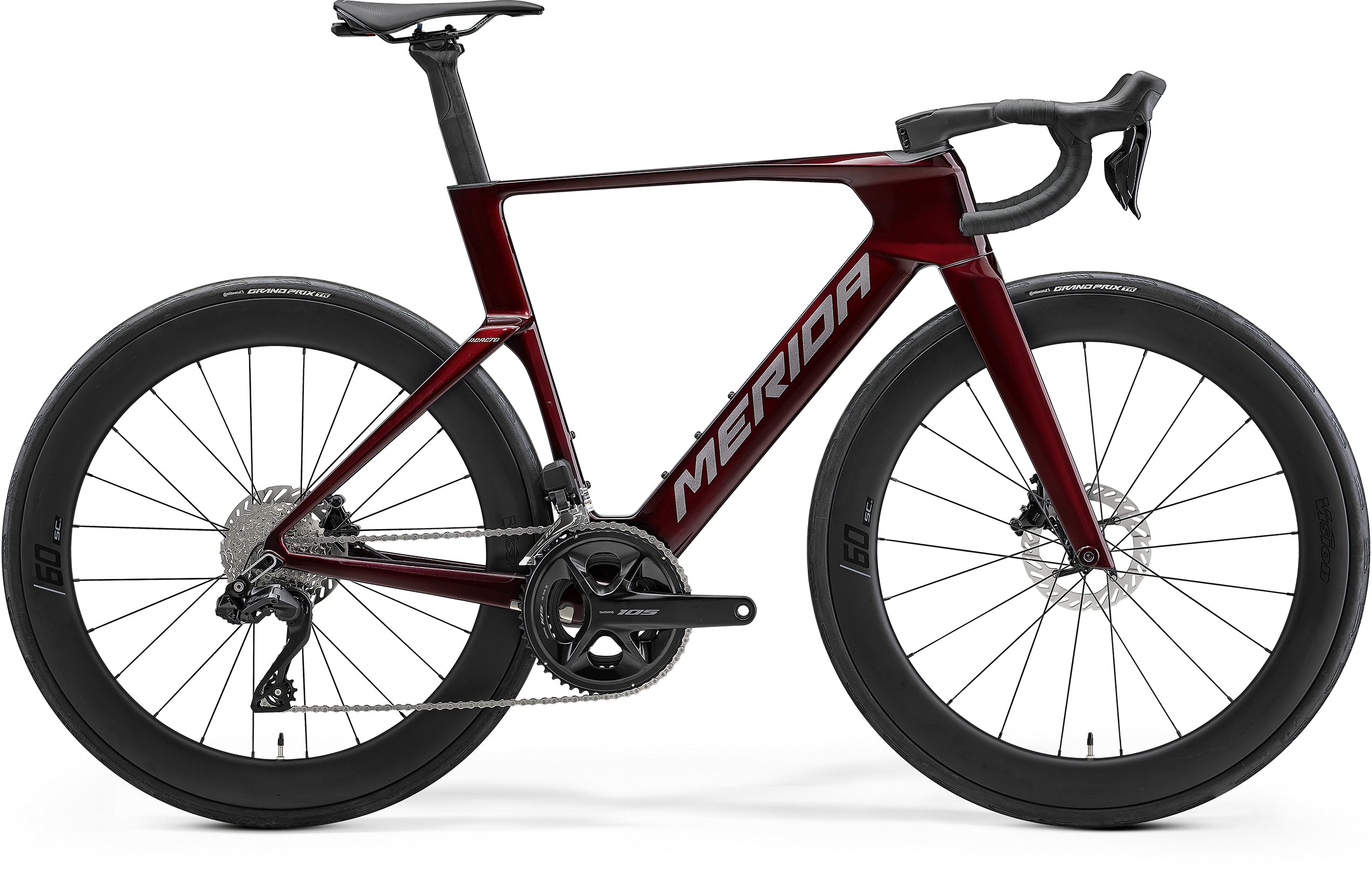 Red and gray Merida Reacto 6000 road bike with Shimano 105 Di2 and 60mm carbon rims, sleek aerodynamic design.