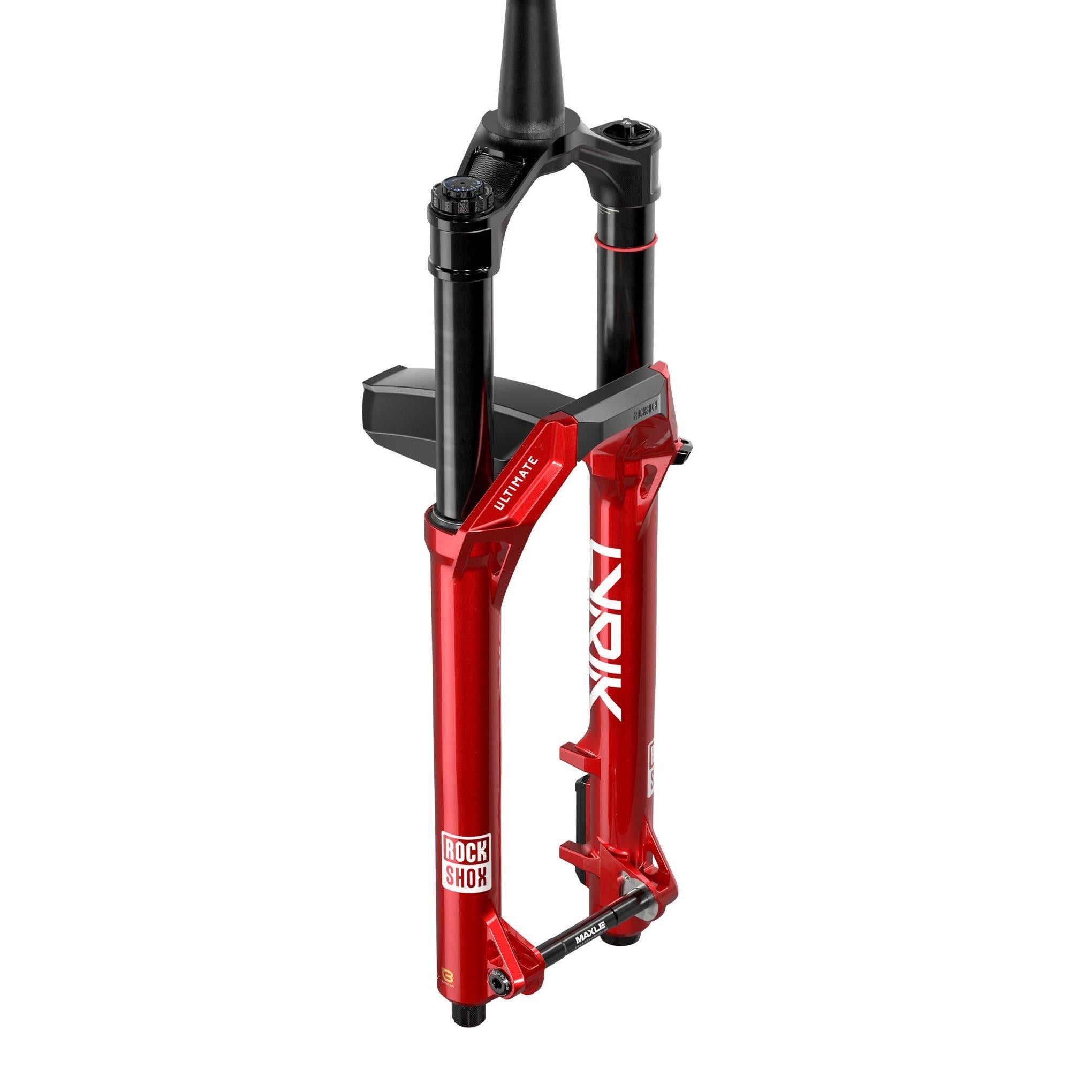 RockShox Lyrik Ultimate Charger 3.2 RC2 mountain bike suspension fork showing the black and gold fork with adjustable damping controls