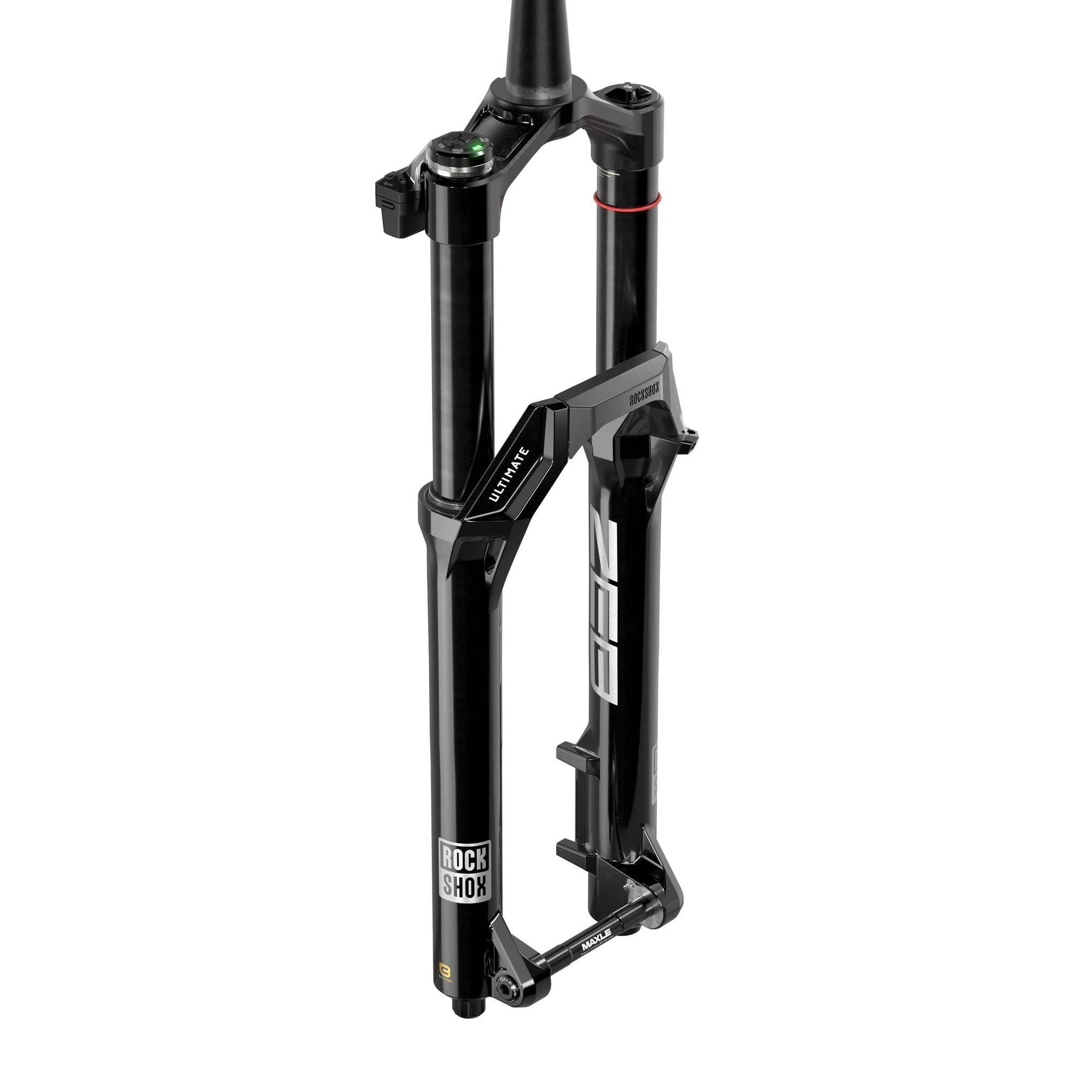 RockShox ZEB Ultimate Flight Attendant MTB fork with Smart Suspension technology, showing the black suspension fork with branding details.