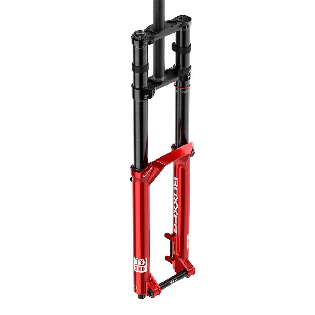 RockShox BoXXer Ultimate Charger 3.2 D2 downhill mountain bike fork showing suspension components and gold-colored stanchions.