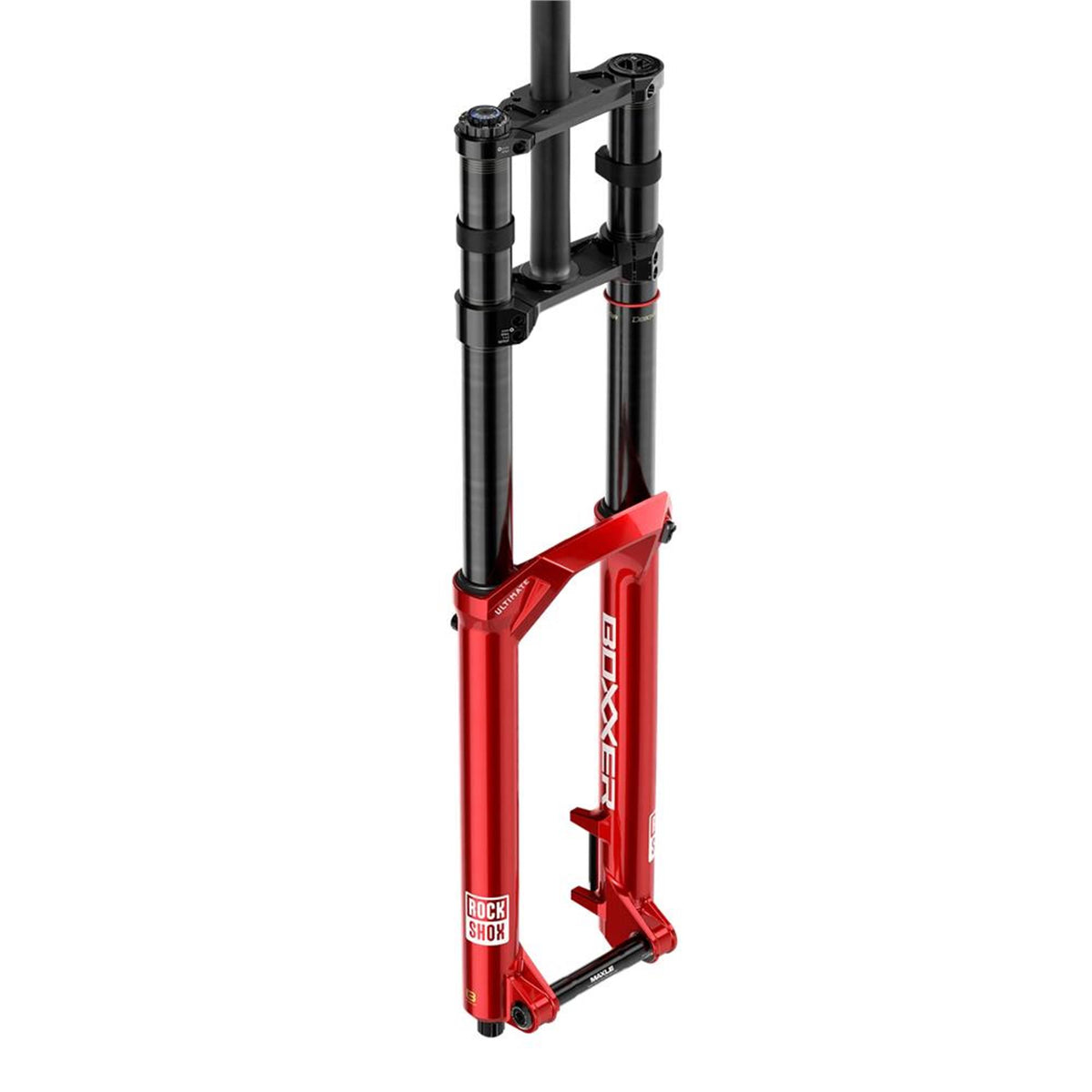 RockShox BoXXer Ultimate Charger 3.2 mountain bike fork with ButterWagonTech and fender, showcasing suspension components and design features.