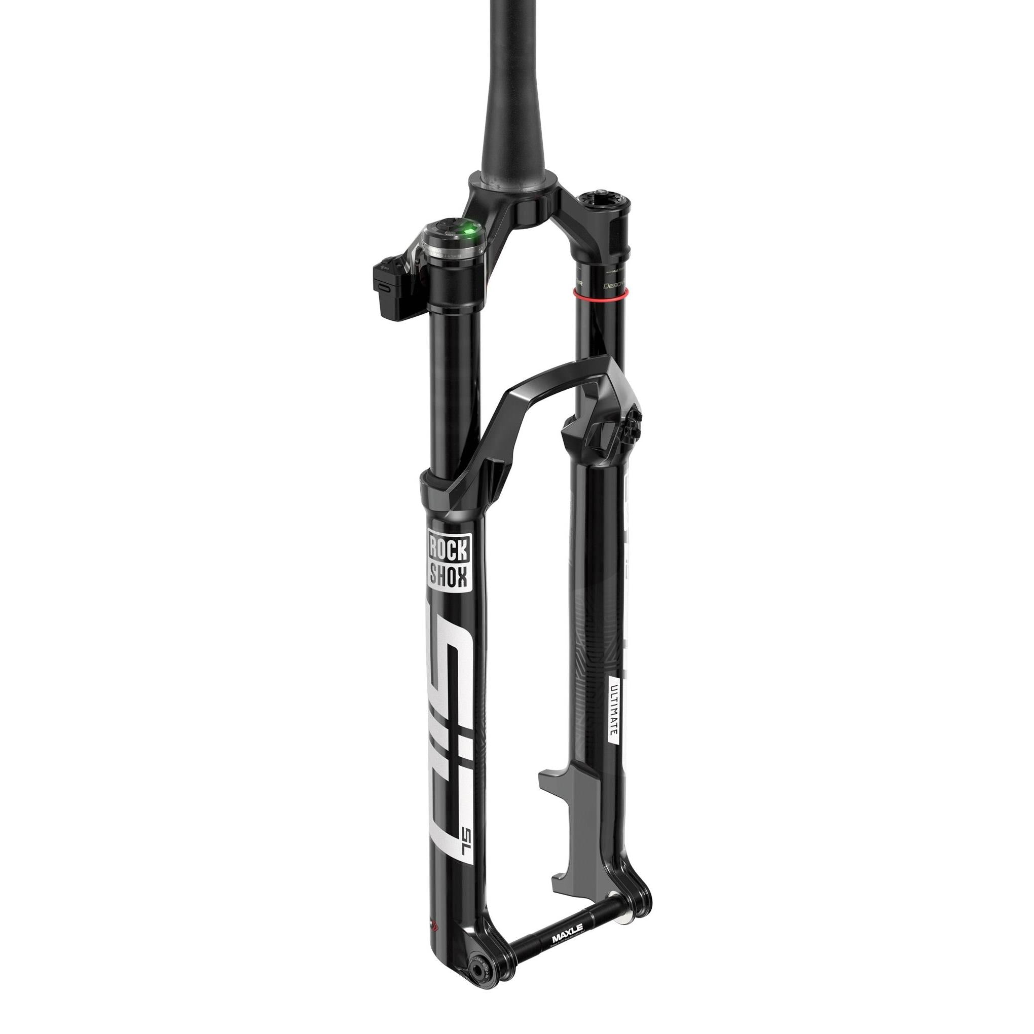 RockShox SID SL Ultimate XC fork with Flight Attendant system, lightweight mountain bike component, black suspension fork, close-up view