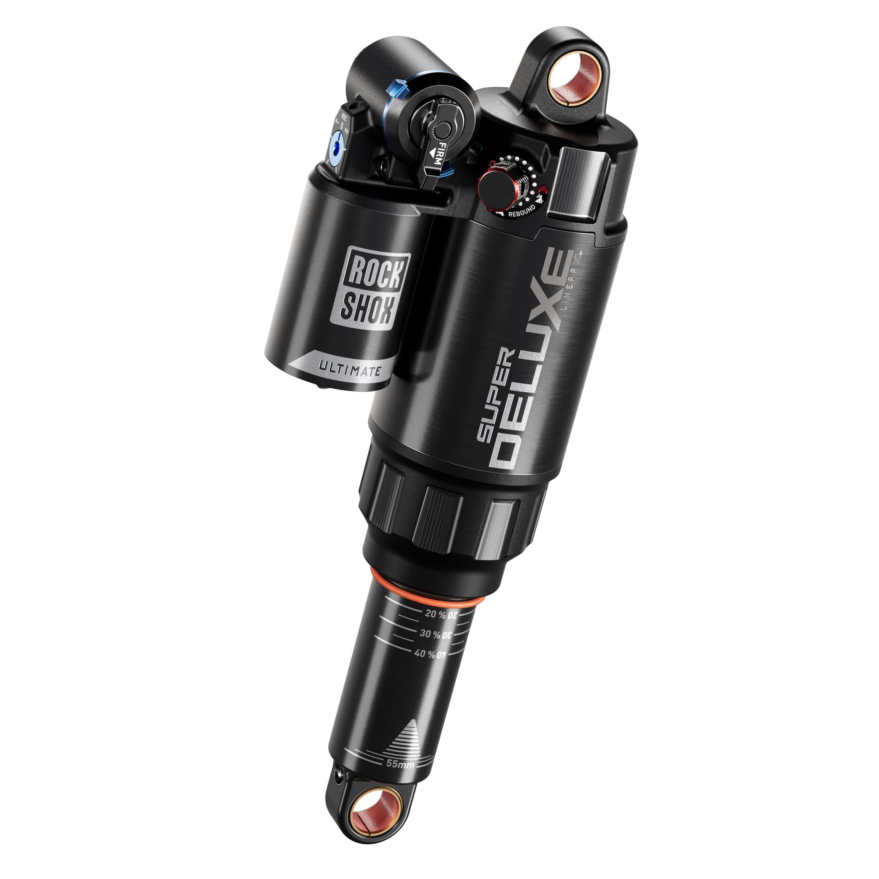 RockShox Super Deluxe Ultimate RC2T MTB rear shock suspension with no bushing, designed for mountain bike components.