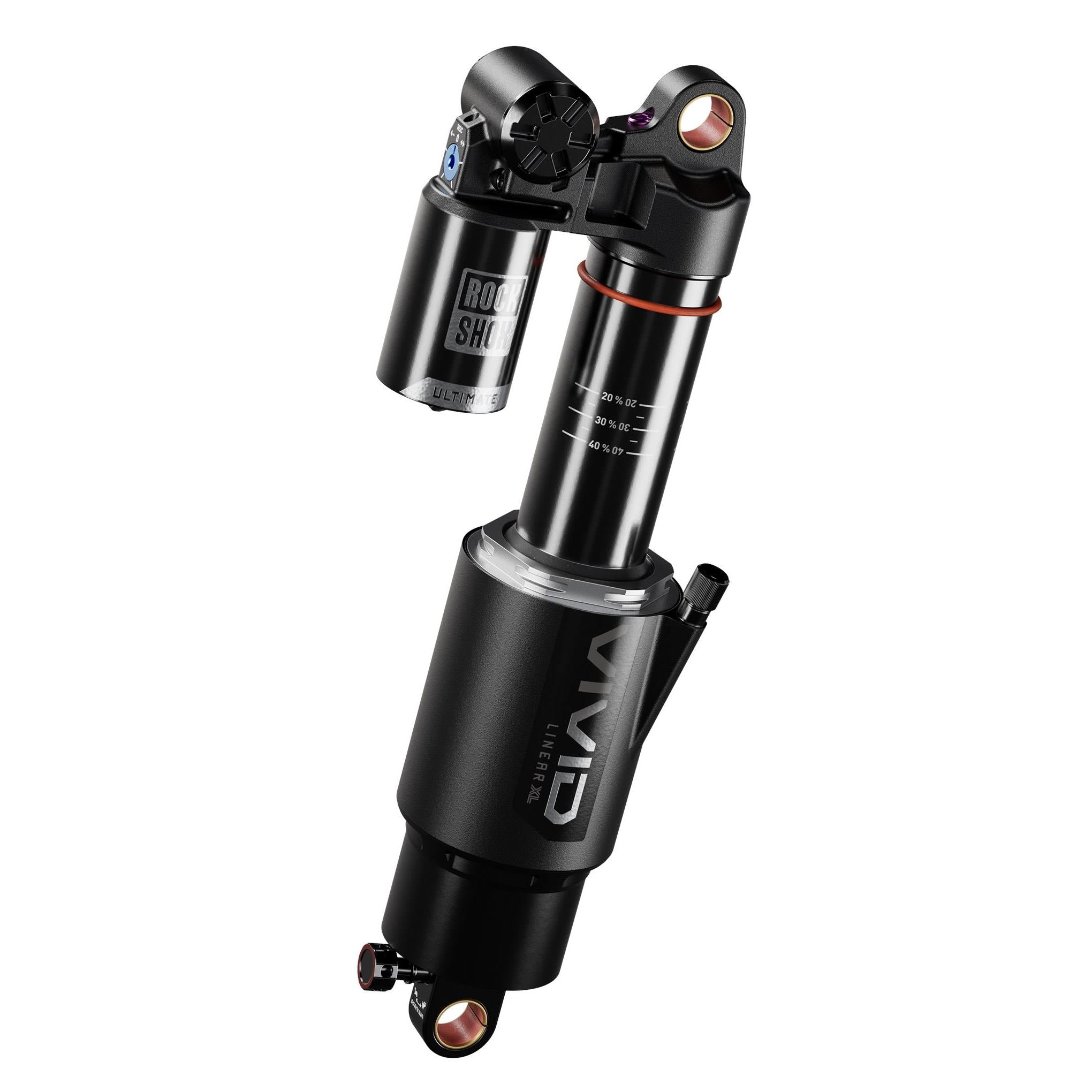 RockShox Vivid Ultimate DH RC2 rear shock for downhill mountain biking, showing the suspension component with adjustment knobs and branding.