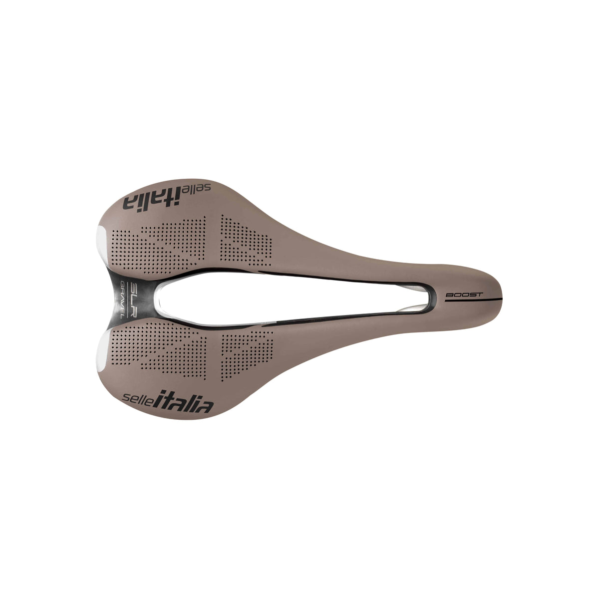 Selle Italia SLR Boost Gravel Ti316 Superflow saddle with light gel padding and high-visibility inserts, designed for gravel cycling.