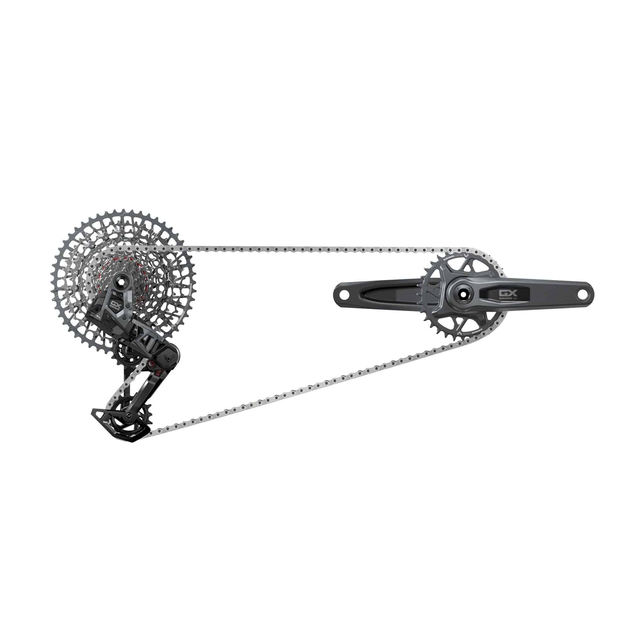 SRAM GX Eagle Transmission AXS MTB groupset with derailleur, battery, charger, and 10-52T cassette for mountain biking.