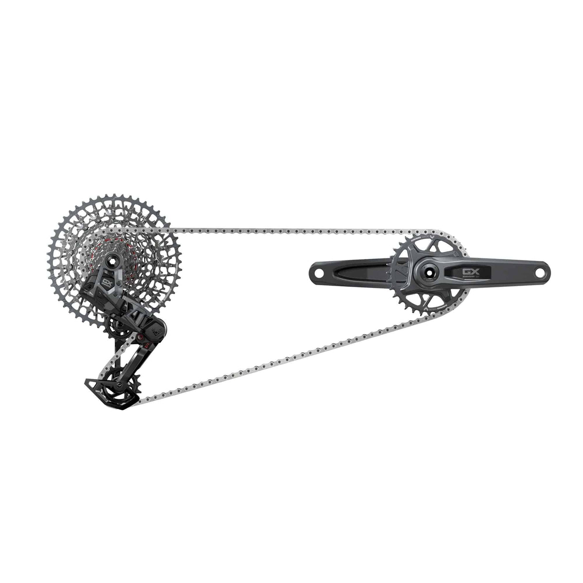 SRAM GX Eagle Transmission AXS MTB groupset with derailleur, battery, charger, and 10-52T cassette for mountain biking.