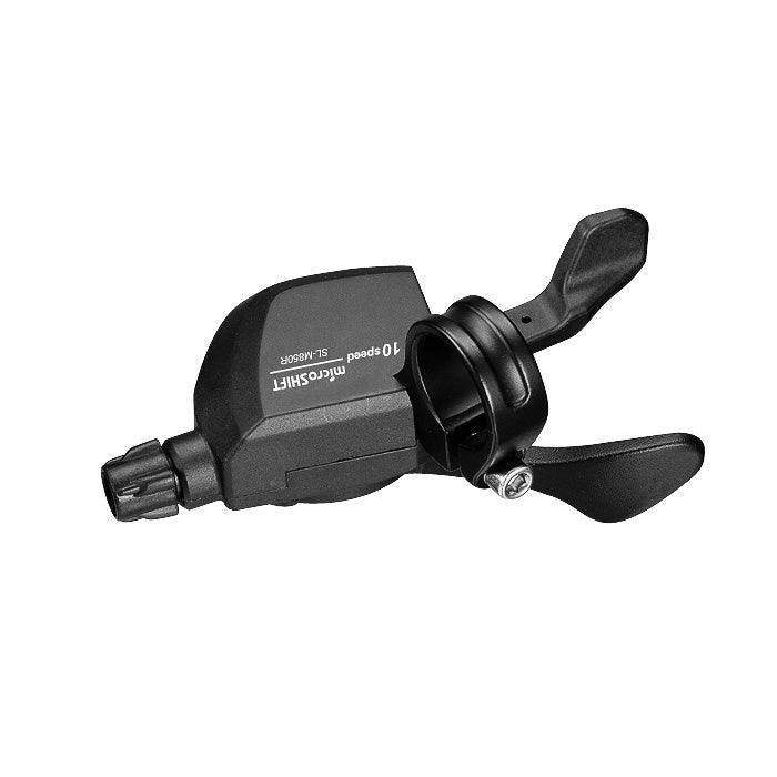 MicroSHIFT XLE Xpress 1x10 mountain bike shifter compatible with Shimano drivetrain, shown in black with gear indicators.