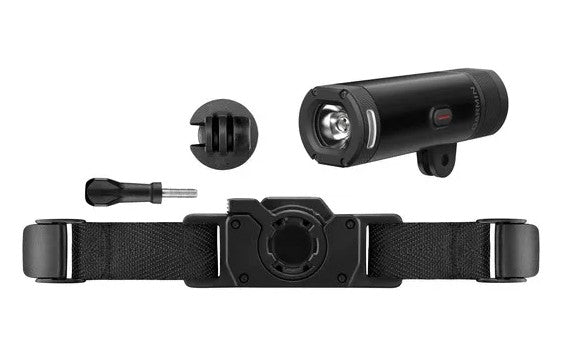 Garmin Varia UT800 Trail Edition cycling headlight with 800 lumens, front view, showing its compact design and adjustable mount.