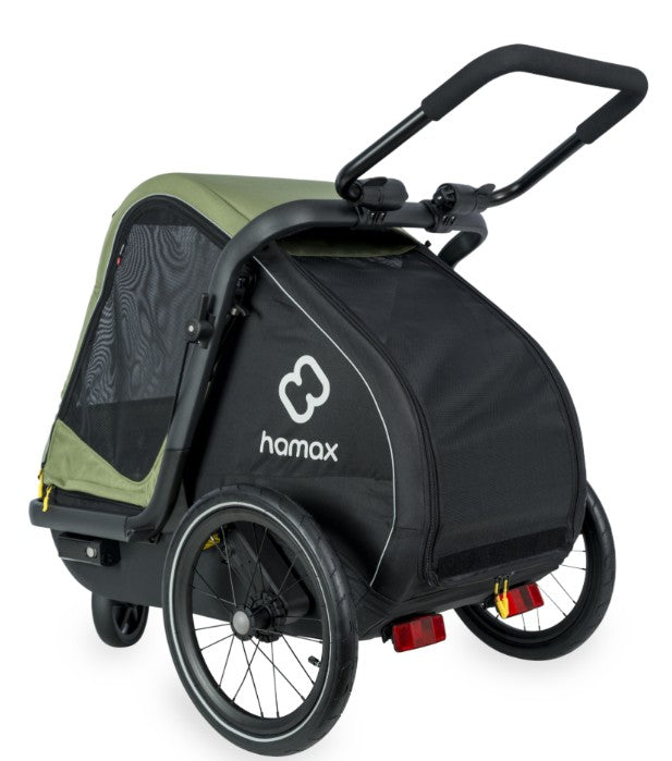 Hamax Pluto Medium Dog Trailer 2023 in green, with bike trailer and stroller kit, designed for safe pet transportation.