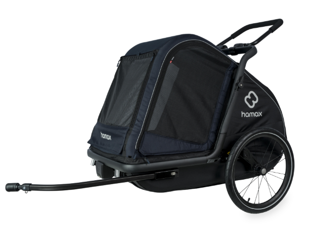 Hamax Pluto large dog trailer in navy, designed as a bike trailer and stroller for pets, with mesh sides and durable frame.