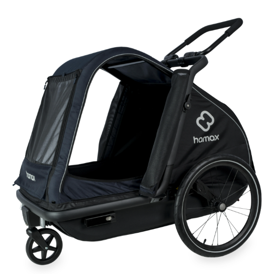 Hamax Pluto Large Dog Trailer in navy, a bike trailer and stroller accessory for pets, with mesh sides and sturdy frame.