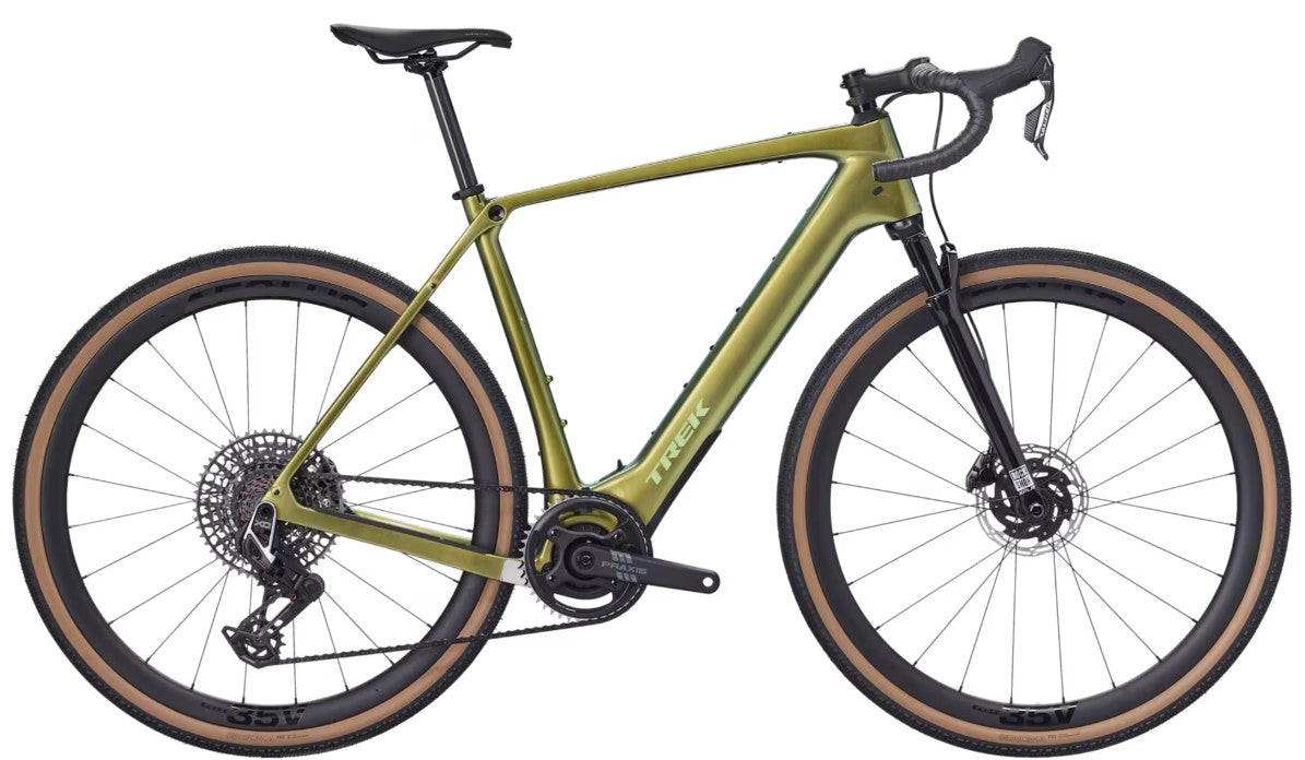 Trek Checkpoint+ SL 7 AXS electric gravel bike with SRAM Force wireless drivetrain, featuring a sleek frame and off-road tires.