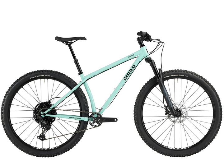 Surly Krampus Deore 29er mountain bike with agile trail geometry, showcasing black frame, knobby tires, and suspension fork.