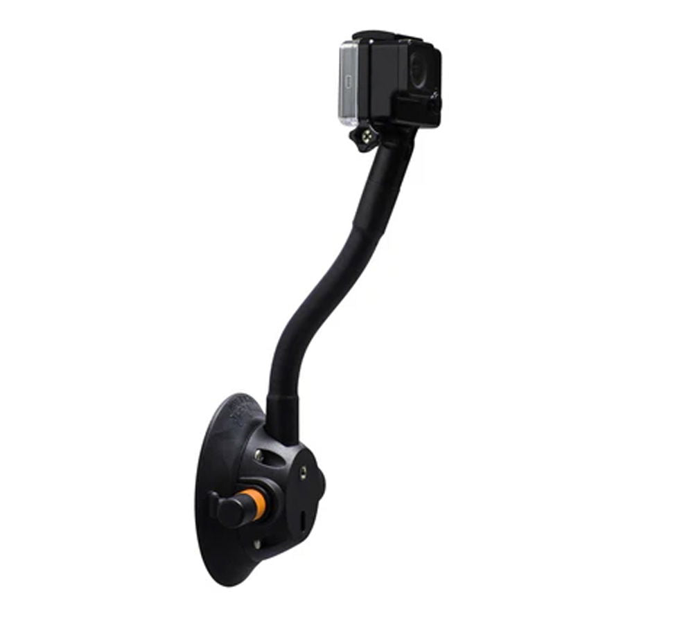 SeaSucker Action Camera Flex Mount for GoPro, outdoor adventure filming, adjustable and durable camera accessory, mounted on a surface.