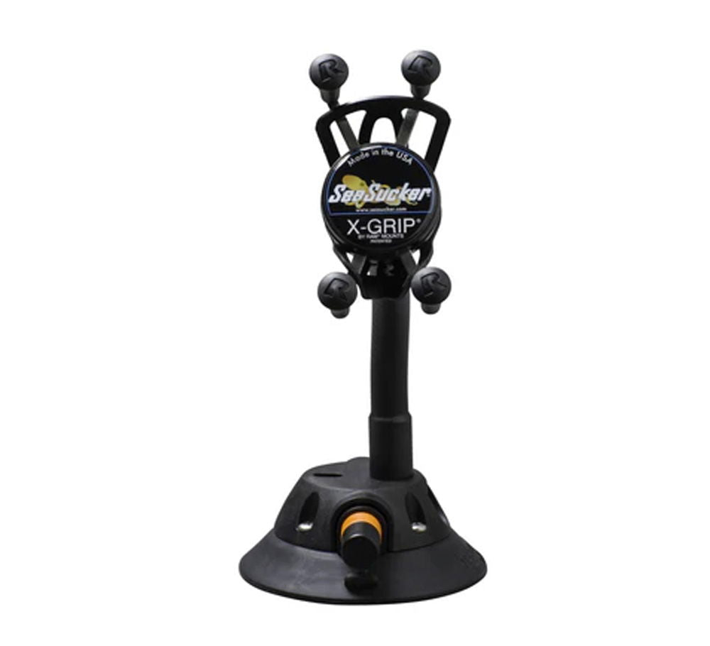SeaSucker Flex-X Phone XL Mount with adjustable arm, securely holding a smartphone with strong vacuum suction attachment.