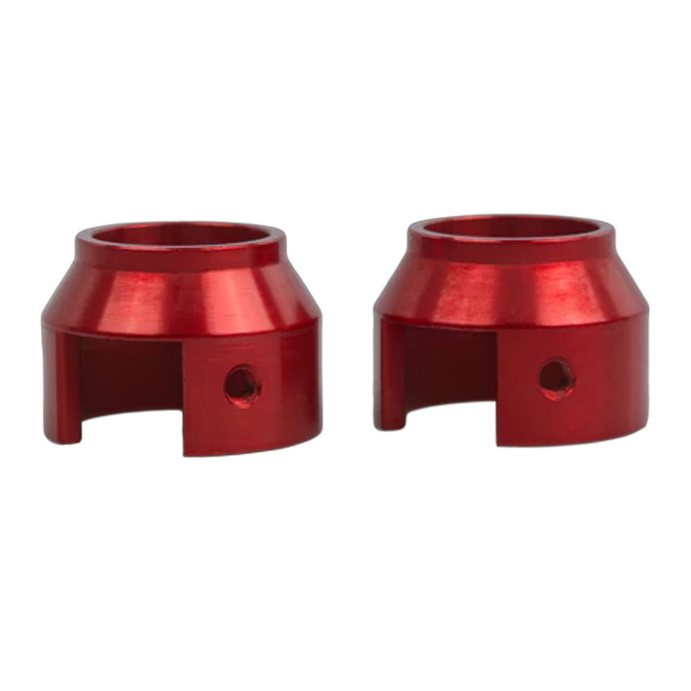Red SeaSucker HUSKE 20x100mm front hub plugs for bike fork mounts, shown in a pair of accessories for bike racks.