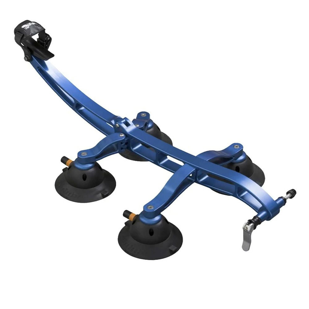 SeaSucker Komodo 1 Bike Rack in blue mounted on a sports car roof, designed for convertibles and sports cars, compact roof mount accessory.