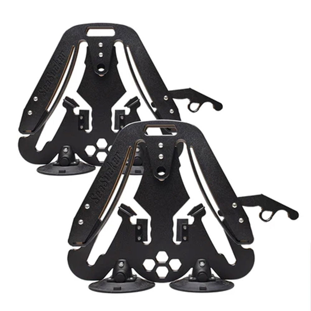 SeaSucker Pallavicini Ski Rack holding two sets of skis and snowboards with lock, showcasing its open design and secure mounting system.
