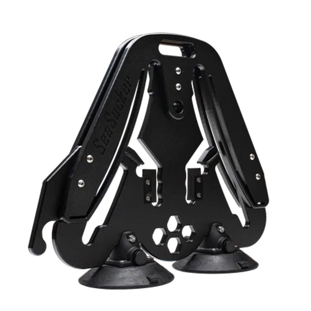 SeaSucker Pallavicini Ski Rack for 2 skis and snowboards, mounted on vehicle, with lock for secure storage and transport.