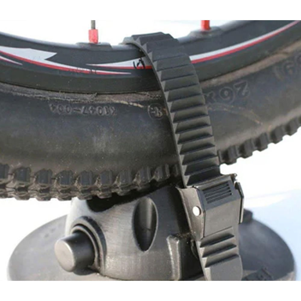 SeaSucker ladder strap upgrade securing rear wheel bike rack, showing in use for improved stability and security.