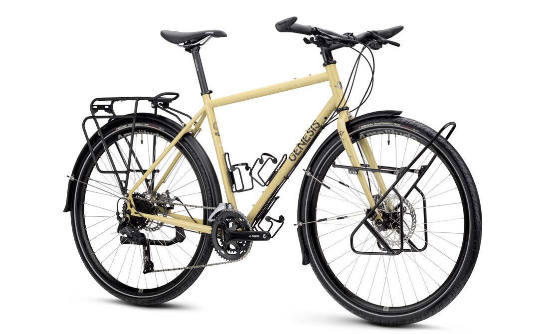 Genesis Tour de Fer 10 2026 touring bike with Shimano 2x9-speed drivetrain, front and rear racks, designed for long-distance cycling.