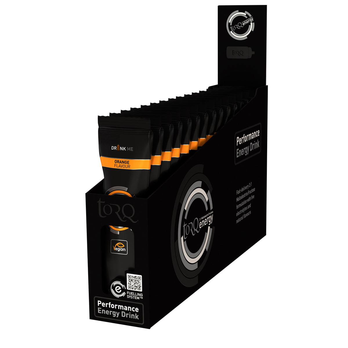 TORQ Energy Drink sachets, single serve isotonic fuel for endurance, 15-pack, showing bright packaging and sachet details.