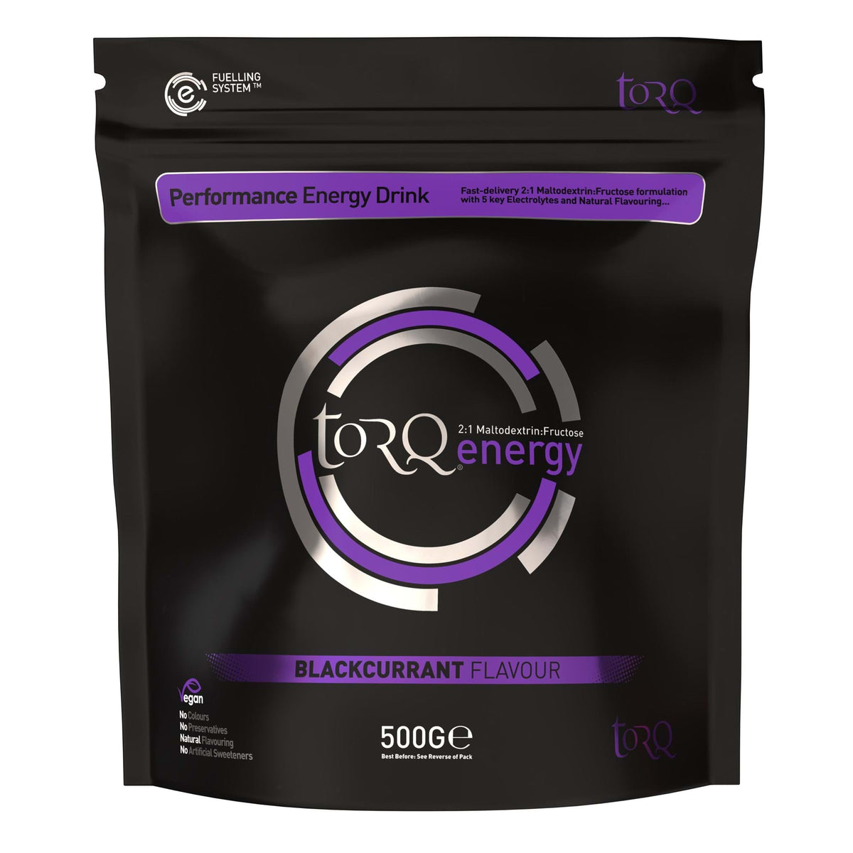 TORQ Natural Energy Drink endurance fuel bottle with electrolytes and carbohydrates, designed for athletic performance and hydration.