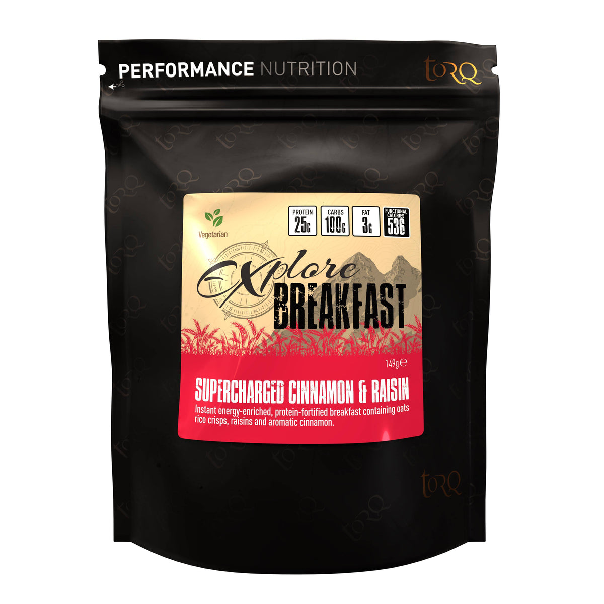 TORQ Explore Breakfast Cereal accessories box with high-energy instant meal and real fruit flavors for quick, nutritious breakfast.