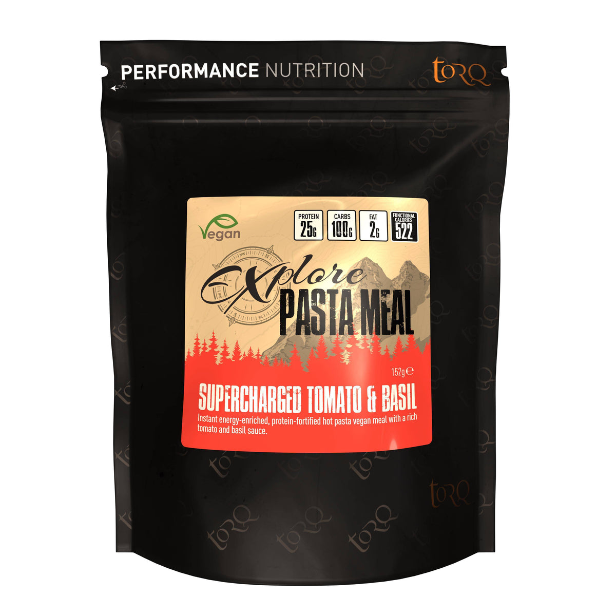 TORQ Explore Pasta Meal high-protein vegetarian outdoor energy accessory in resealable package.